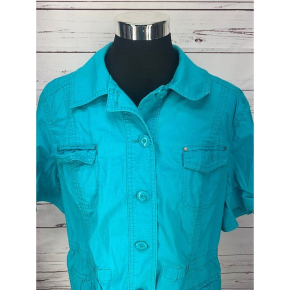 CHICO'S Light Jacket 3 L/XL Turquoise short sleeve Button Up Camp shirt Cover Up - Picture 5 of 10
